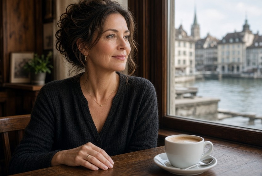 Elegante geschiedene Frau mit Kaffee am Fenster mit Blick auf Schweizer Altstadt &ndash; Sex Dating Schweiz und Neuanfang nach Scheidung