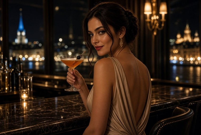 Elegante Frau mit Cocktail in luxuri&ouml;ser Bar in Z&uuml;rich blickt &uuml;ber die Schulter &ndash; Sexkontakte Z&uuml;rich Bern Luzern