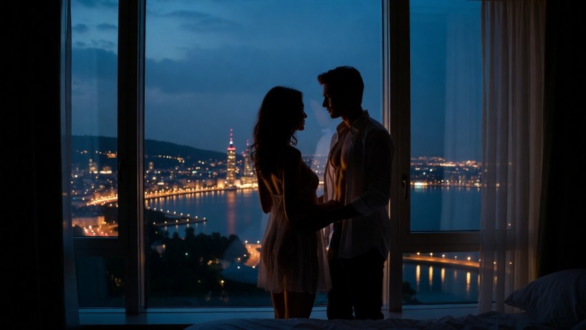 Paar als Silhouette vor dem n&auml;chtlichen Z&uuml;rich &ndash; diskrete Sextreffen Schweiz Hotelzimmer