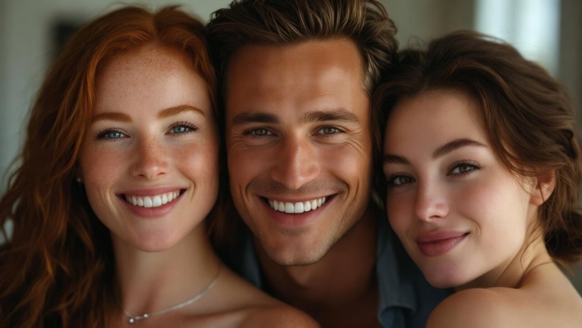 einer Frau mit rotem Haar und Sommersprossen, einem gebr&auml;unten Mann in einem blauen Hemd und einer br&uuml;netten Frau, die alle in die Kamera blicken.